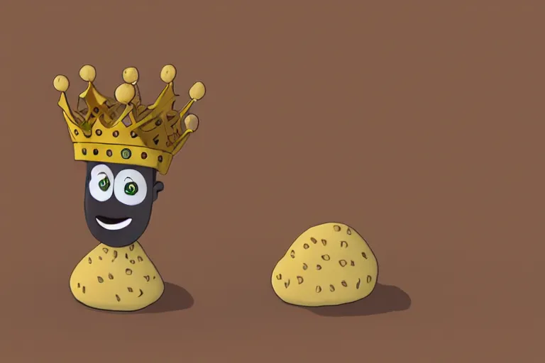 Prompt: the potato king which is a potato appears before the large crowd of his subjects in all his glory wearing his crown, concept art, blender, glossy googly eyes, realistic dirt, realistic potatoes.