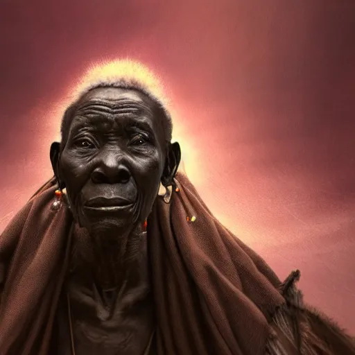 Prompt: a painting of a wise elder from Kenya. dramatic angle, ethereal lights, details, smooth, sharp focus, illustration, realistic, cinematic, artstation, award winning, rgb , unreal engine, octane render, cinematic light, macro, depth of field, blur, red light and clouds from the back, highly detailed epic cinematic concept art CG render made in Maya, Blender and Photoshop, octane render, excellent composition, dynamic dramatic cinematic lighting, aesthetic, very inspirational, arthouse.