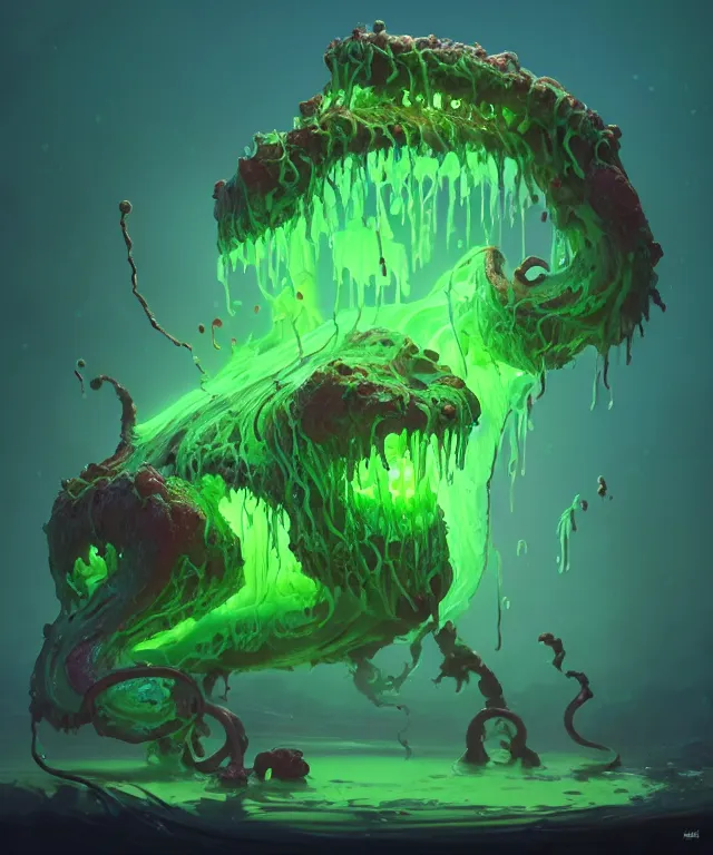 Image similar to an ooze slime creature made of bioluminescence, fantasy, elegant, crisp 8 k line work, emissive lighting, digital painting, artstation, unreal engine, octane render, concept art, matte, sharp focus, illustration, art by james jean and justin gerard and josan gonzalez