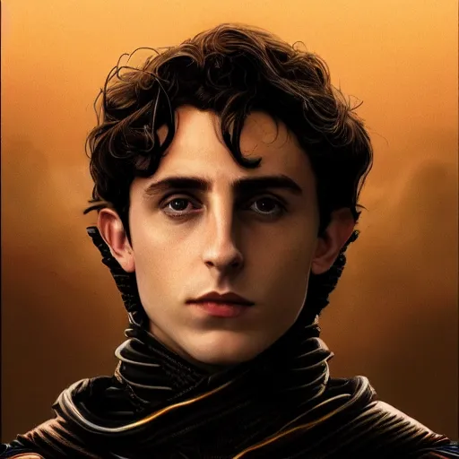 Prompt: realistic paul atreides emperor of the known universe, perfect dramatic and dark portrait by rabbitary b, trending on artstation, deviantart, dune, low angle oil painting and composition laws, dark foggy background, timothee chalamet but he is older, denis villeneuve cinematography