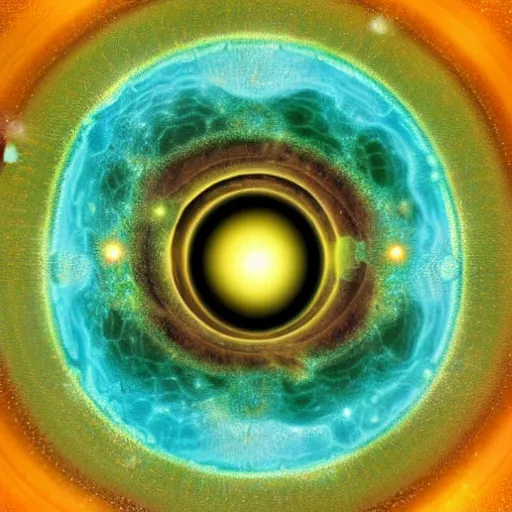 Prompt: abstract artwork of a black hole inside a golden dodecahedron, a blue and green nebula in background