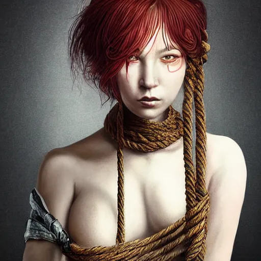 Image similar to portrait of a Shibari rope wrapped face and neck, headshot, insanely nice professional hair style, dramatic hair color, digital painting, of a old 13th century, traveler, amber jewels, baroque, ornate clothing, scifi, realistic, hyperdetailed, chiaroscuro, concept art, art by Franz Hals and Jon Foster and Ayami Kojima and Amano and Karol Bak,