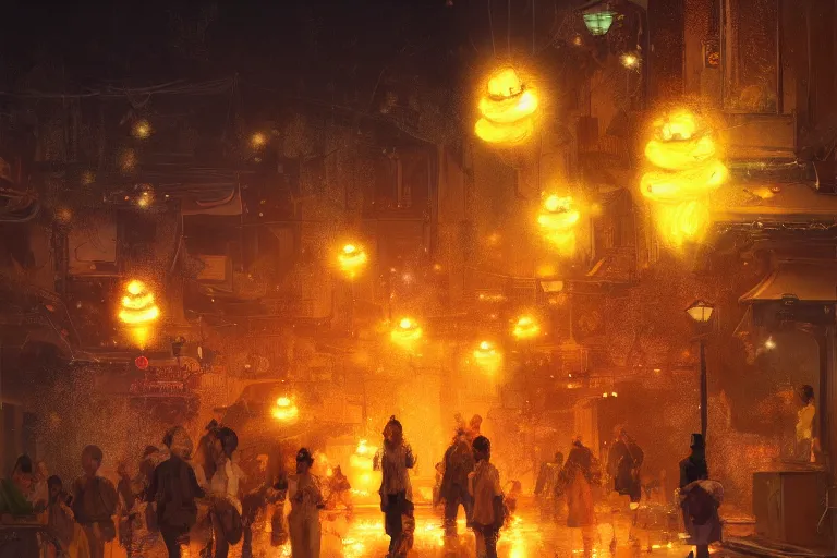 Prompt: fantasy art of glowing goldfish swimming in the air, in the streets of a japanese town at night, with people watching in wonder, by craig mullins, highly detailed digital art, trending on artstation