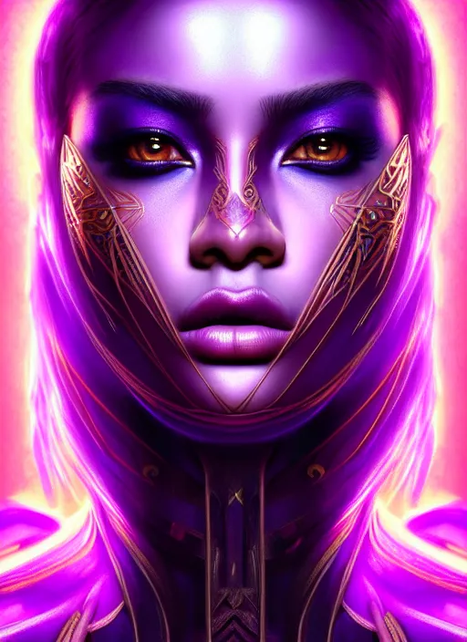 Prompt: portrait of warrior, intricate, ultra violet highlights, neon, brown skin, sharp focus, octane render, detailed, beautiful, unreal engine, symmetrical!!, loreal, maybelline, sephora, loreal, artstation, art by karol bak, art by artgerm, rossdraws, cinematic, concept art, filmic, vsco