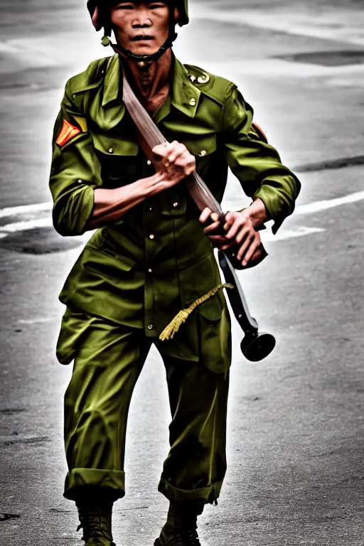 Prompt: vietnam soldier with skateboard, photography, pulitzer style, hyperrealistic, vogue magazine photo style, dynamic composition, intricate, proportional perfect, dynamic comfortable posse, smooth, sharp focus, captured by nikon d 8 5 0, 4 k, full body. by daniel berehulak