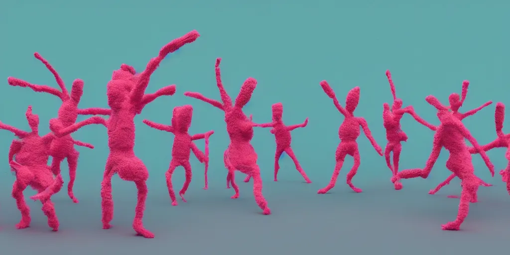 Image similar to group of giant sakura-colored people dancing made out of fluffy pipecleaners in the style of Jean-Michel Basquiat, 3D cinematic lighting, spotlight at a 90 DEGREE ANGLE, photorealism, octane render, depth of field, 8k, 35mm, artgem, Trending on artstation