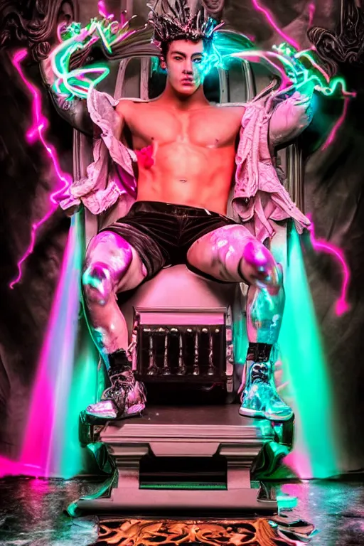 Image similar to full-body rococo and cyberpunk style neon statue of a muscular attractive Sean Mendez wearing cholo shades macho dotado e rico android sim roupa reclining con las piernas abertas e la piroca dura, ethereal white dripping tar, glowing orange lasers, pink tigers, glowing eyes, silver prince crown, black gears, pink diamonds, swirling mint-colored silk fabric. futuristic elements. full-length view. human skulls. large intricate artwork by caravaggio. Trending on artstation, octane render, cinematic lighting from the right, hyper realism, octane render, 8k, depth of field, 3D