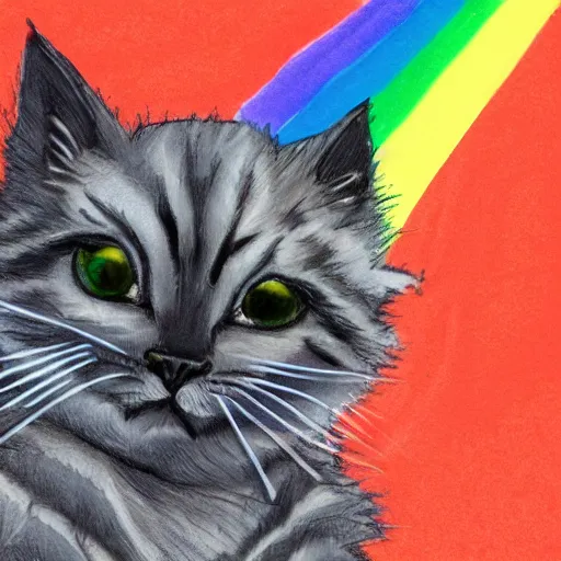 Image similar to wide angle full body, of a fluffy cute rainbow kitten wearing a black motorcycle jacket, concept art