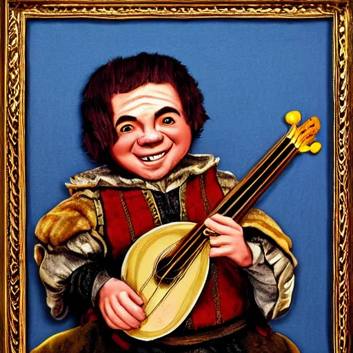 Prompt: portrait of a halfling male, happy, bard, singing, short hair, lute