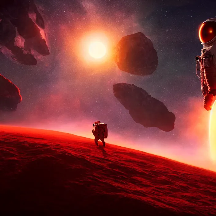 Image similar to a astronaut walking on a alien planet with a red giant galaxy appearing in the sky, digital art, concept art, trending on DeviantArt, highly detailed, high quality, 8K HDR, cinematic lighting, breathtaking image