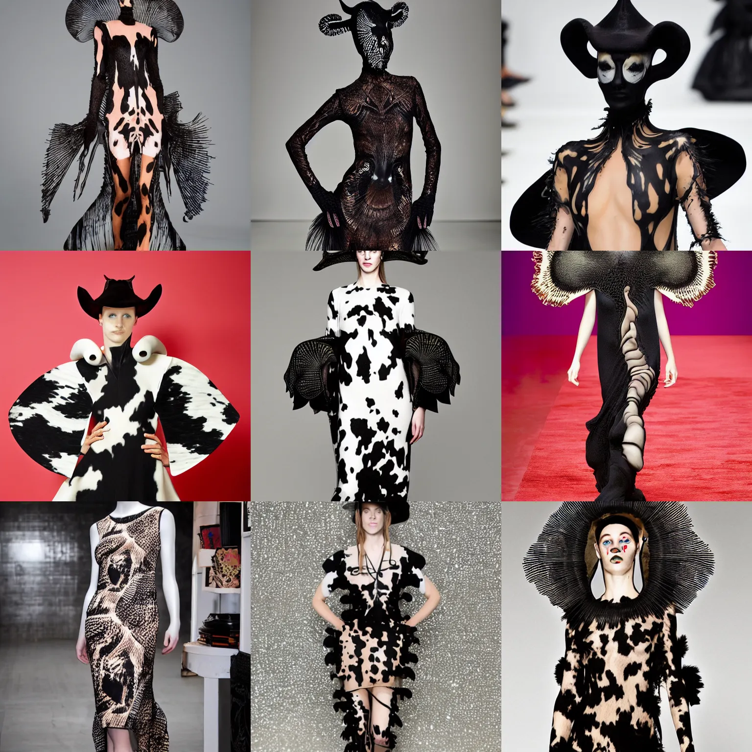 Prompt: Iris Van Herpen cow gown and Volendam hat.