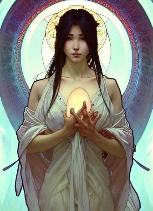 Image similar to digital character concept art by artgerm and greg rutkowski and alphonse mucha. clear portrait of a young wife blessed by god to uncontrollably become overwhelmingly perfect!! asian, fully clothed!!!, super feminine holy body!! light effect. hyper detailed, glowing lights!! intricate, elegant, digital painting, artstation, smooth, sharp focus