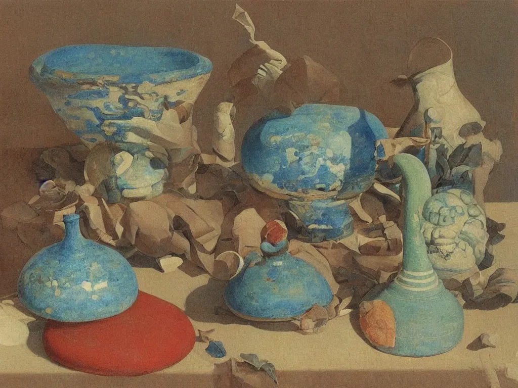 Image similar to greek painted ceramic, pottery, amphora, vase, negative - positive, floating in the night sky. lapis - lazuli, turquoise, malachite, cinnabar, earth brown. painting by georged de la tour, balthus, agnes pelton