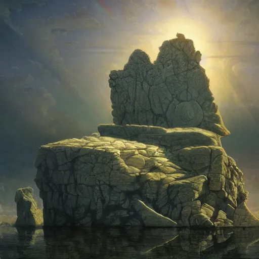 Prompt: David Friedrich, scifi landscape, hyperrealistic surrealism, award winning masterpiece with incredible details, epic stunning, infinity pool, a surreal vaporwave liminal space, highly detailed, trending on ArtStation, artgerm and greg rutkowski and alphonse mucha, daily deviation, IAMAG, broken giant marble head statue ruins, golden hour