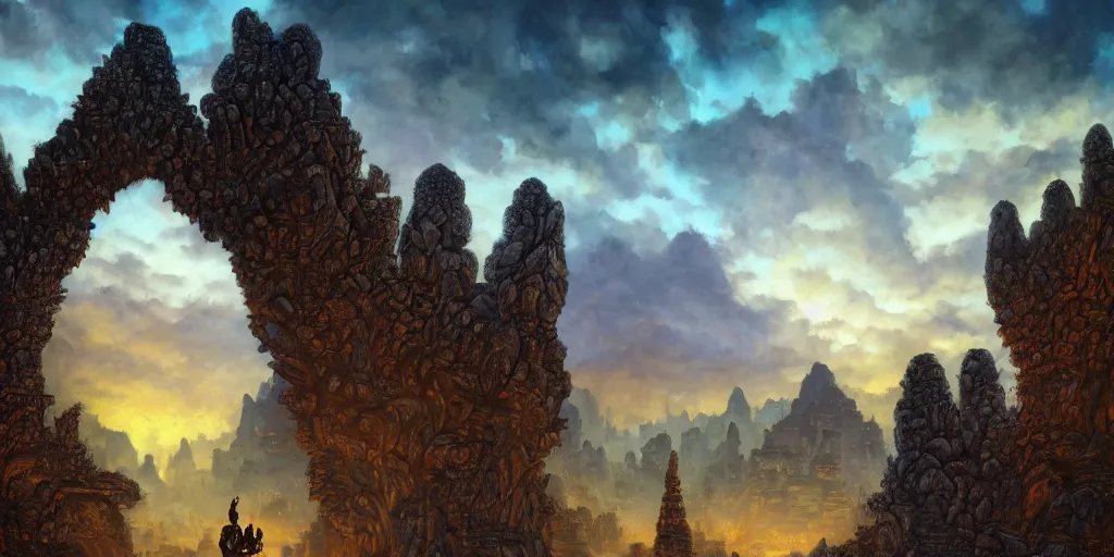Image similar to fantasy oil painting, megalithic city of laos, fantasy, buildings, colossal, gate, looming, small buildings, warm lighting, street view, daytime, silhouetted figure standing overlooking the port city, epic, distant mountains, bright clouds, luminous sky, cinematic lighting, michael cheval, michael whelan, artstation, oil painting, vray, 8 k hd