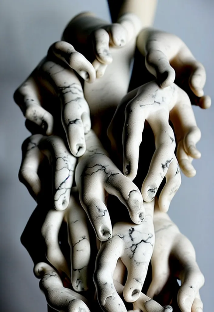 Image similar to a stack of hands carved from marble, little black circles