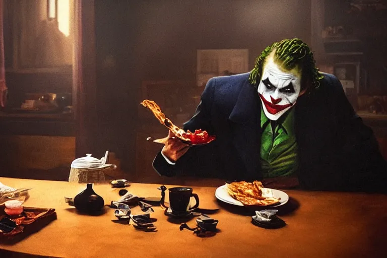 Image similar to morning light, highly detailed portrait of Batman eating breakfast, the head of the joker is placed on the table, atmospheric lighting, masterpiece, award winning painting by Emmanuel Lubezki