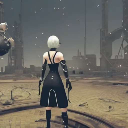 Image similar to Screenshot from Nier Automata with Boris Johnson