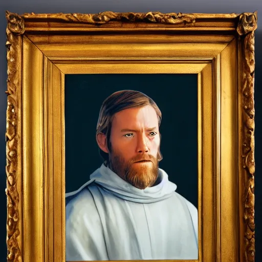 Prompt: a portrait painting of obi wan kenobi from star wars in a renaissance style hanging in the louvre