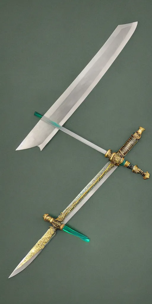 Image similar to photograph of a wide green and teal crystal sword blade attached to a big gold sword hilt