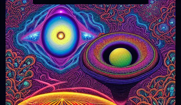 Prompt: an expansive rendering of beautiful and complex ultimate void and black holes by dan mumford, by jim fitzpatrick, by joe wilson, by jim burns, by victo ngai, by jacek yerka, surrounded with colorful magic mushrooms and rainbowcolored marihuana leaves, insanely integrate, featured on deviant art, trending on artstation