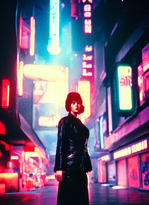 Prompt: A hyper realistic and detailed head portrait photography of a Rachael of Blade Runner on a futuristic street. by Cameron Hammond. Neo noir style. Cinematic. neon lights glow in the background. Cinestill 800T film. Lens flare. Helios 44m