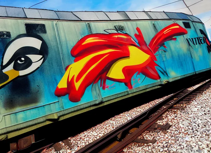 Prompt: stylized duck spray-painted on the side of a train car, award winning photo, 8k