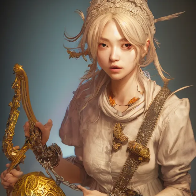 Image similar to studio portrait of neutral good colorful female cleric bard healer as absurdly beautiful, elegant, young sensual gravure idol, ultrafine hyperrealistic detailed face illustration by kim jung gi, irakli nadar, intricate linework, sharp focus, bright colors, matte, octopath traveler, final fantasy, unreal engine highly rendered, global illumination, radiant light, intricate environment