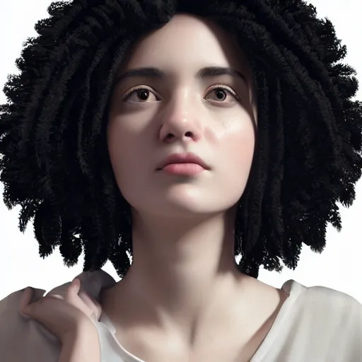 Prompt: portrait of a young lady with curly black hair with, round face, big brown eyes, picture, hyperrealistic, focused, hyper realistic, ultra detailed, octane render, volumetric lighting, 8 k post - production