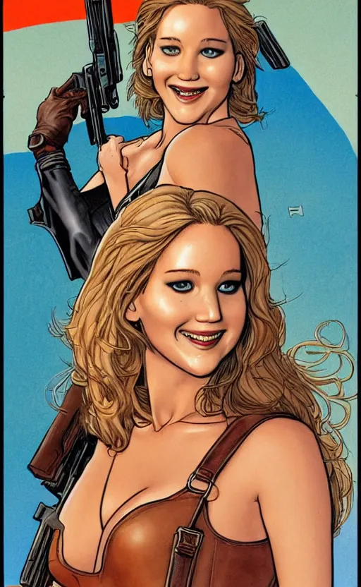 Prompt: Milo Manara comic cover art, Jennifer Lawrence with guns, smile, direct gaze, brown leather jacket, jeans, full body, building on fire, neon colors, detailed, 4k