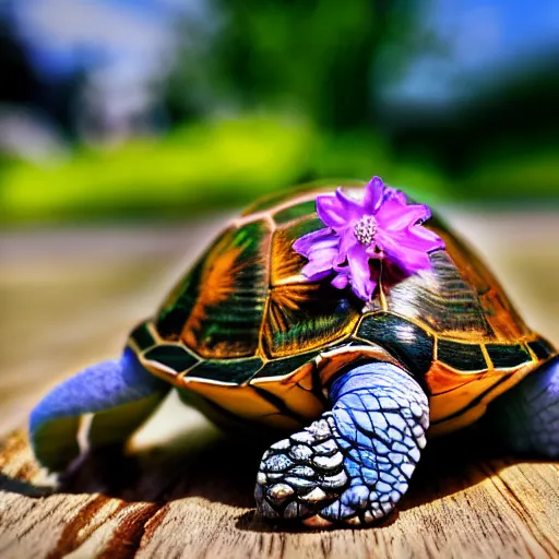 Prompt: a picture of a turtle hugging a flower, vivid colours, depth of field, 50mm