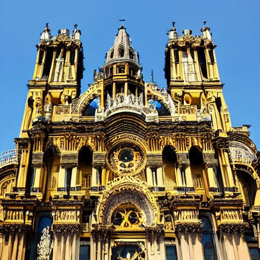 Prompt: gigantic ornate cathedral made of black and gold marble