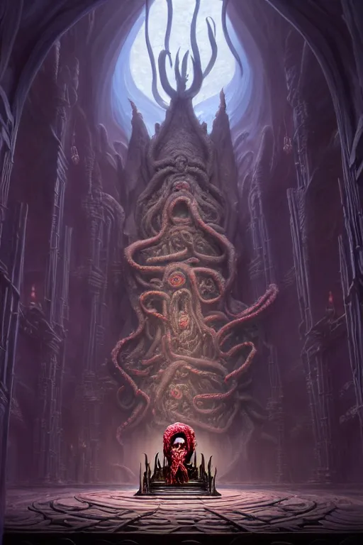 Image similar to a highly detailed matte painting of an illithid presenting an offering inside an expansive throne room with an enormous empty throne made of writhing flesh and entrails by studio ghibli, makoto shinkai, by artgerm, by wlop, by greg rutkowski, red tones, volumetric lighting, octane render, 4 k resolution, trending on artstation, masterpiece