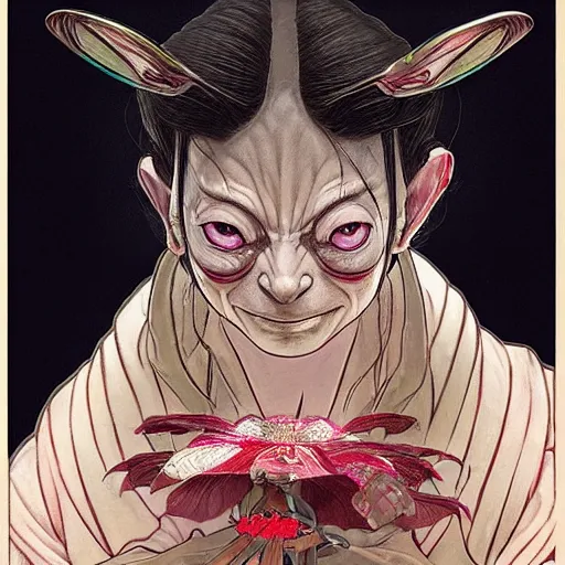 Image similar to clear portrait of gollum from lord of the rings dressed as a japanese geisha, background hyper detailed, character concept, full body, dynamic pose, glowing lights, intricate, elegant, highly detailed, digital painting, artstation, concept art, smooth, sharp focus, illustration, art by artgerm and greg rutkowski and alphonse mucha