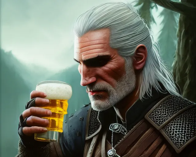 Image similar to 5 5 mm portrait photo of geralt drinking a beer. magical atmosphere. art by greg rutkowski. highly detailed 8 k. intricate. lifelike. soft light. nikon d 8 5 0.