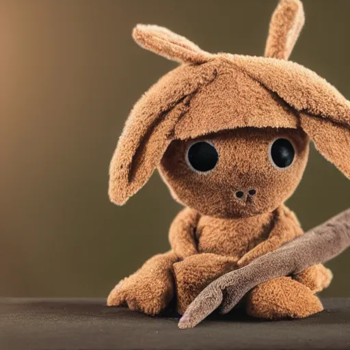 Image similar to a photo of a little brown bunny muppet plush wearing a cool ninja outfit and posed out in nature, photorealistic, photography, ambient occlusion, god rays, rtx, national geographic