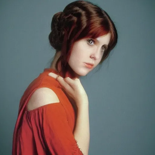 Image similar to a masterpiece portrait photo of a beautiful young woman who looks like a manic pixie dream girl carrie fisher, symmetrical face