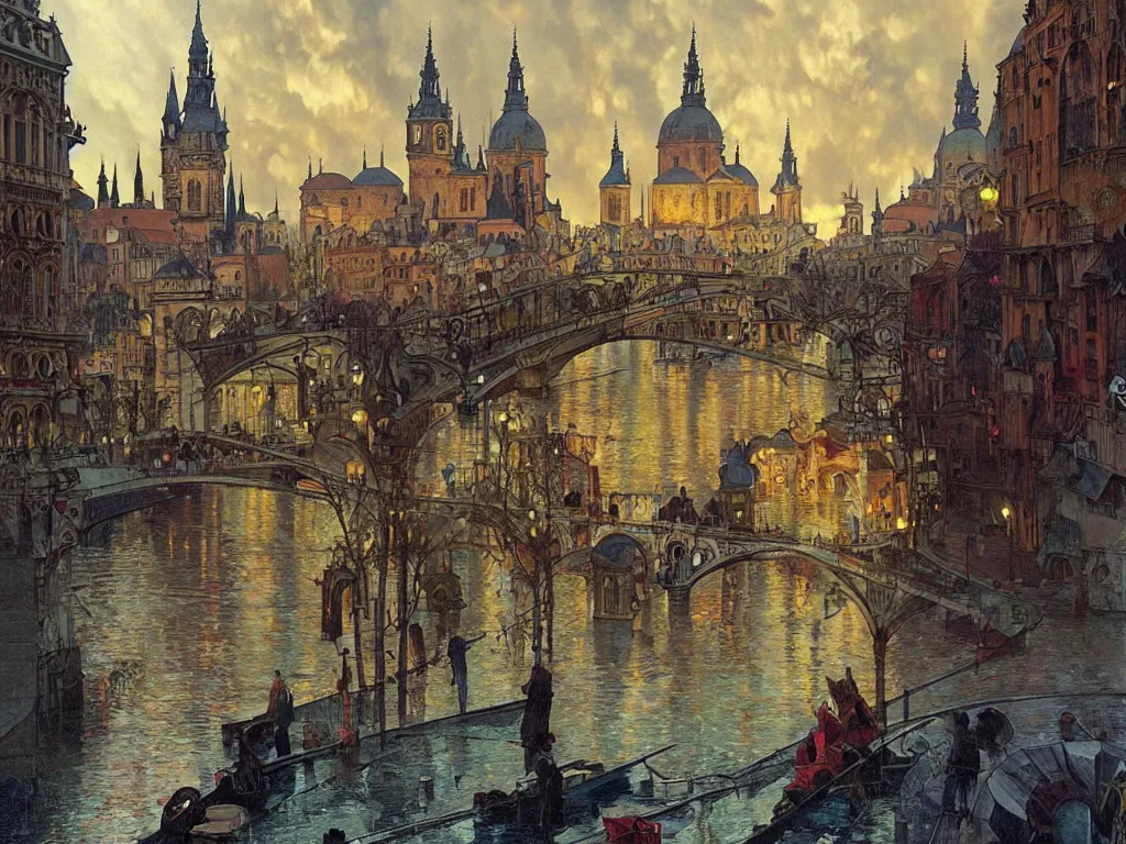 Image similar to a view from the river a city resembling prague, paris, and venice after a rain with a rainbow, intricate, elegant, highly detailed, digital painting, artstation, concept art, smooth, sharp focus, colored illustration for tattoo, art by krenz cushart and artem demura and alphonse mucha,