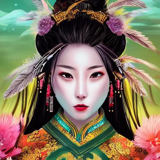 Prompt: An epic fantasy comic book style portrait painting of a female wuxia sword dance Chinese costume , long hair, smoke, feathers flying, flowers rain everywhere, full body XIANXIA, Chinese temple, depth of field, 4k