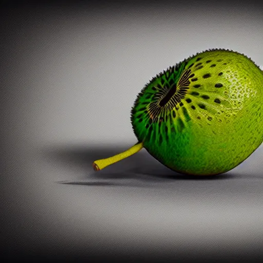 Image similar to miniaturine of vinyl turntable vinyl record in shape of huge kiwi fruit, 4 k, digital art, unreal render, hyperrealistic textures