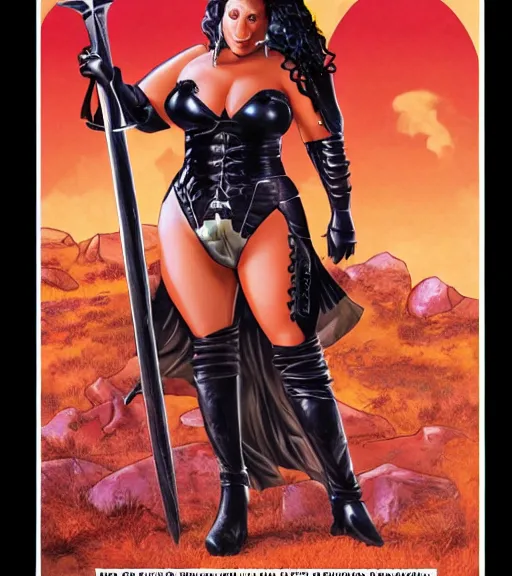 Image similar to 1 9 8 0 s fantasy novel book cover, bbw plus size amazonian iggy azalea in extremely tight bikini armor wielding a cartoonishly large sword, exaggerated body features, dark and smoky background, low quality print