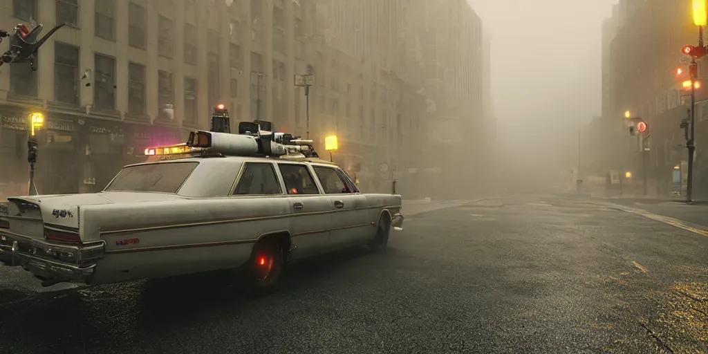 Prompt: parked Ecto-1 from Ghostbusters, fog, rain, volumetric lighting, beautiful, golden hour, sharp focus, ultra detailed, cgsociety