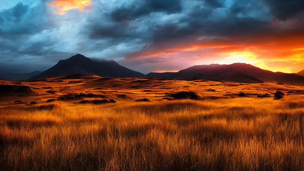 Prompt: amazing landscape photo of golden grasslands in sunset by marc adamus, beautiful dramatic lighting