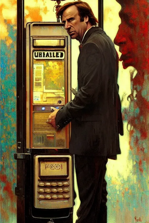 Prompt: saul goodman at a payphone, painting by'phil hale '!!! gaston bussiere, craig mullins, greg rutkowski, alphonse mucha, lady liberty