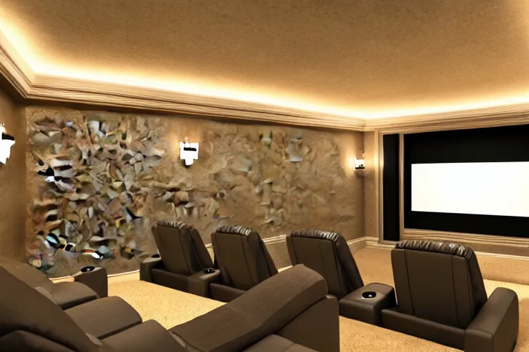 Prompt: very wide view of a modern home movie theater with giant projector screen!!, detailed art deco decoration!, wall lights, plant, popcorn machine, beautiful watercolor painting!!!, trending on artstation