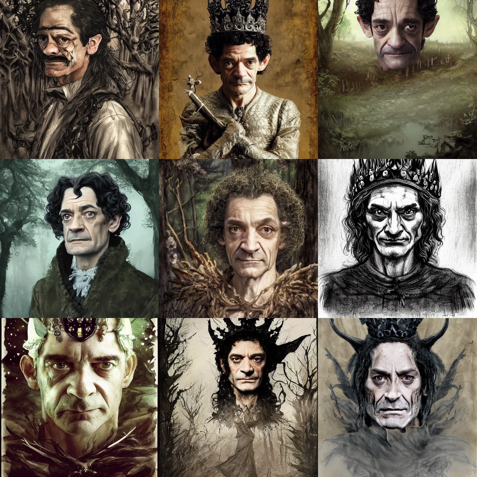 Prompt: portrait of mournful, mischievous, dangerous James Frain's Cromwell as a king of the fairy forrest. The background is a dark, creepy eastern europen forrest. night, horroristic shadows, high contrasts, photorealistic, detailed, (((lumnious))), theatrical, character concept art by ruan jia, thomas kinkade, and J.Dickenson, trending on Pinterest