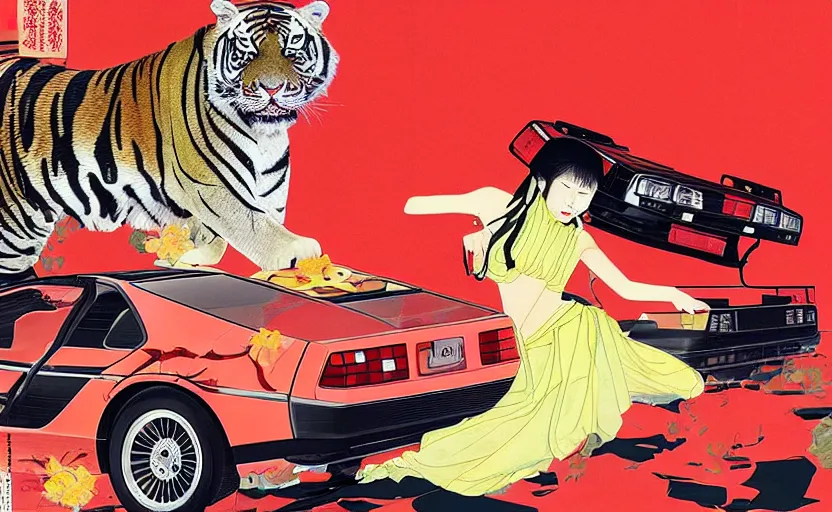 Image similar to a red delorean with a yellow tiger, art by hsiao - ron cheng and utagawa kunisada in a magazine collage, # de 9 5 f 0