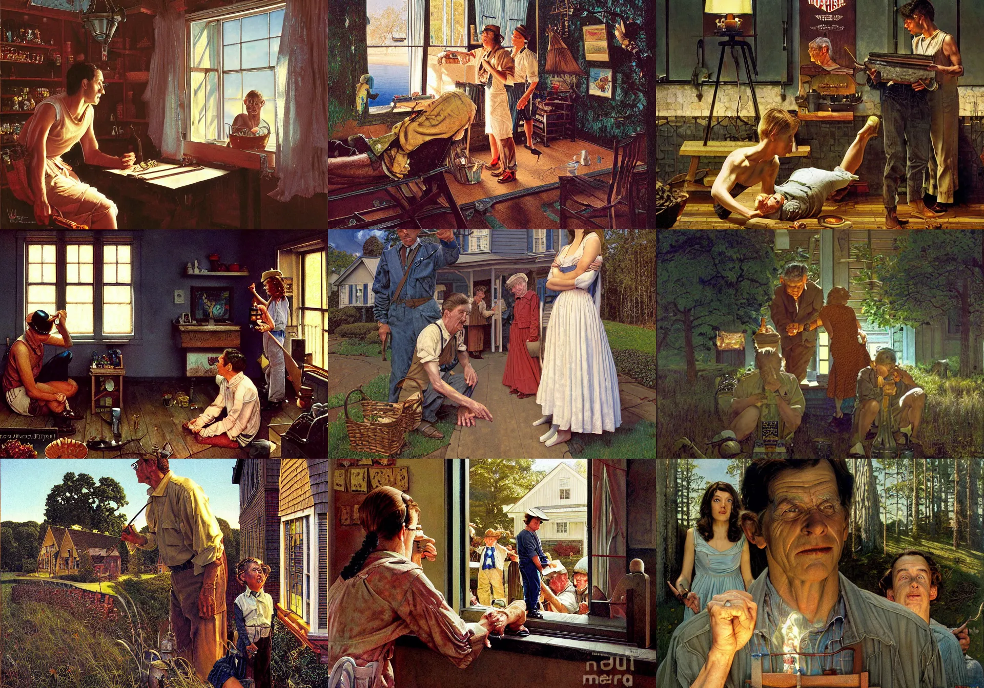 Prompt: high quality high detail painting by david mattingly and norman rockwell and nc wyeth, hd, realistic matte, photorealistic lighting, composition and layout inspired by gregory crewdson, modern supernatural horror, stephen king