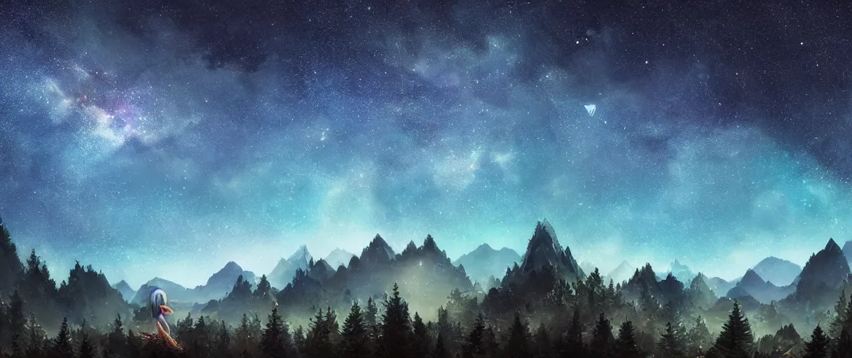 Image similar to digital photography of a ultra detailed night sky with constellations, detailed very beautiful girl with short hair swimming in a blue pool, Perseides meteor shower, ultra detailed hill top over behind a forest, large mountains in back, concept art, low angle, high detail, warm lighting, volumetric, vivid, beautiful, trending on artstation, by Jordan Grimmer, no focus, huge scene, ultra detailed trees, F11 aperture, in the style of JIM RICHARDSON