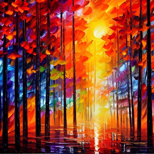 Prompt: the last sunset in the forest of dreams, by Leonid Afremov, 8k resolution, digital art, trending on art station